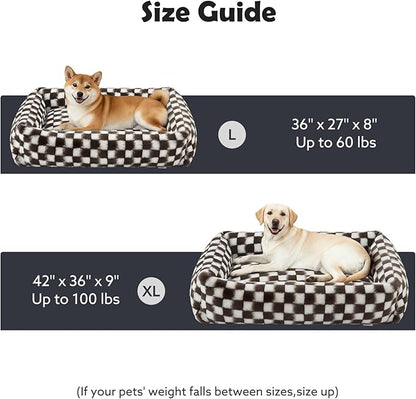 JOEJOY Dog Bed for Small Medium Dogs, Removable Washable Cover Orthopedic Soft Faux Rabbit Fur Pet Bed, Anti-Slip Fluffy Plush Puppy Bed, 25"x21"x7", Checkered, Brown