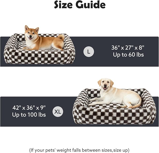 JOEJOY Large Dog Beds Large Sized Dog, Removable Washable Cover Orthopedic Soft Faux Rabbit Fur Pet Bed, Anti-Slip Fluffy Plush Faux Rabbit Fur Puppy Bed, 36"x27"x8", Checkered, Brown