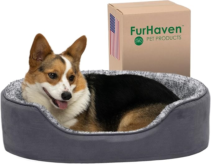 Furhaven Dog Bed for Large/Medium Dogs w/ Removable Washable Cover & Pillow Cushion Insert, For Dogs Up to 30 lbs - Two-Tone Faux Fur & Suede Oval Lounger - Gray, Large