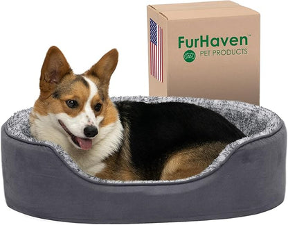 Furhaven Dog Bed for Large/Medium Dogs w/ Removable Washable Cover & Pillow Cushion Insert, For Dogs Up to 30 lbs - Two-Tone Faux Fur & Suede Oval Lounger - Gray, Large