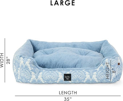 Nicole Miller New York PET Mod Damask Plushy Bolster Pet Bed, Cozy & Calming, Non-Slip Bottom, Machine Washable Cover, Blue, Large 35"x28"x8"