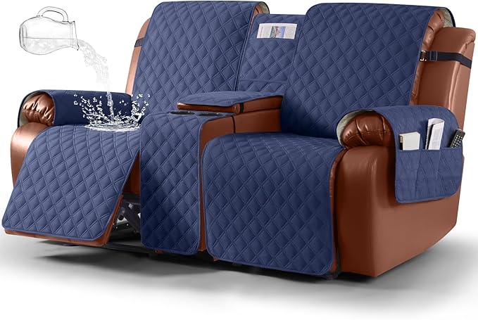 Ruaozz Waterproof Loveseat Recliner Cover with Console Non-Slip Reclining Couch Covers Split Sofa Slipcovers with Elastic Straps Furniture Protector for Kids, Dogs, Pets (Ocean Blue, 2 Seater)
