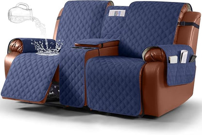 Ruaozz Waterproof Loveseat Recliner Cover with Console Non-Slip Reclining Couch Covers Split Sofa Slipcovers with Elastic Straps Furniture Protector for Kids, Dogs, Pets (Ocean Blue, 2 Seater)