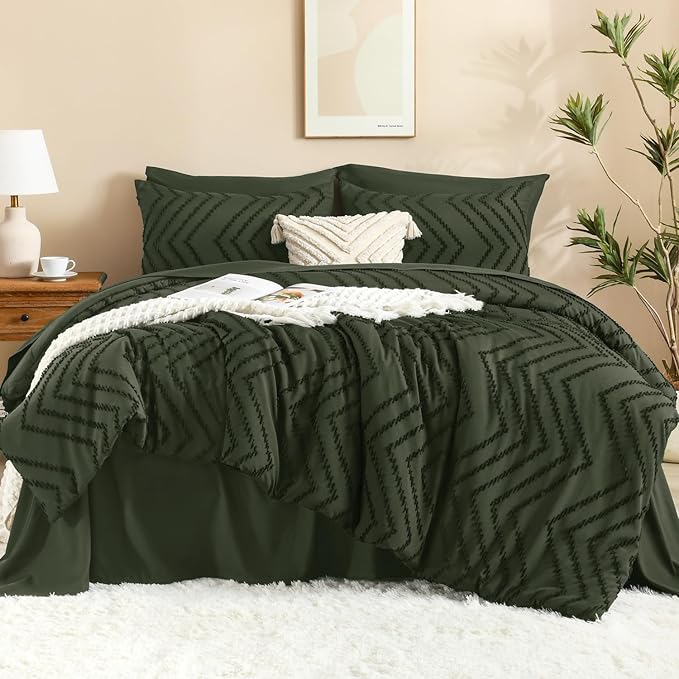 Litanika Super King Plus Size Comforter Set with Sheets Olive Green - 7 Pieces Bed in a Bag Oversized King Boho Tufted Complete Bedding Sets with Comforter, Sheets, Pillowcases & Shams