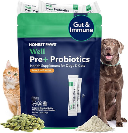 Honest Paws Probiotics for Dogs - Dog Digestion Gut Health Probiotic Powder with Prebiotic Made in The USA, Digestive and Immune Support - Digestive Enzymes with Pumpkin Flavor (30 Sticks)
