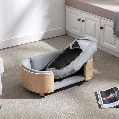 Velvet Dog Bed Pet Sofa with Solid Wood Legs and Bent Wood Back, Stain-Resistant Cushion in Multiple Colors - Luxury Pet Furniture for Cats and Dogs, Light Grey