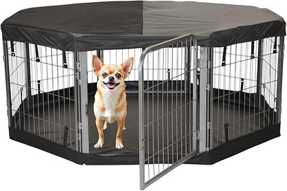 Dog Playpen w/Octagon Bottom Pad & Top Cover - 24 inch, 8 Panel Portable Grey Metal Pet Play Pen for Small Dogs & Puppies - Indoor/Outdoor Kennel Cage for Home, Yard, RV, or Camping