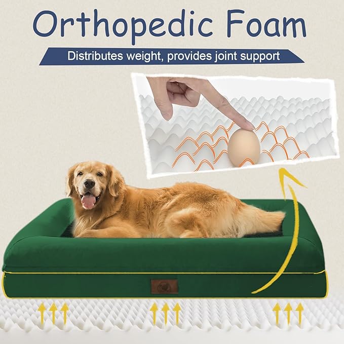 Jumbo Dog Beds for Extra Large Dogs, Waterproof Orthopedic Egg Crate Foam Dog Bed with Removable Bolster Washable Cover, Non-Slip Big Pet Couch for Extra Large Dogs, Emerald