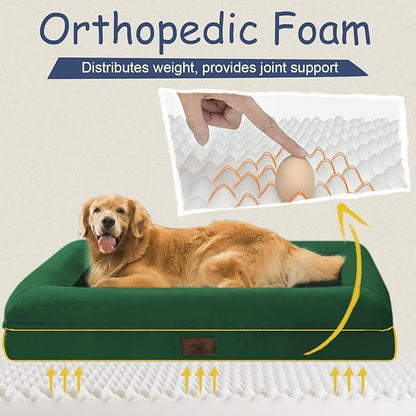 Jumbo Dog Beds for Extra Large Dogs, Waterproof Orthopedic Egg Crate Foam Dog Bed with Removable Bolster Washable Cover, Non-Slip Big Pet Couch for Extra Large Dogs, Emerald