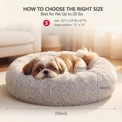 Calming Donut Dogs Beds for Small Dogs Washable,23inch Plush Round Pet Bed for Cozy Sleep,Fluffy Faux Fur Large Cat Bed,Fits up to 25 lbs Pets,Frost Grey