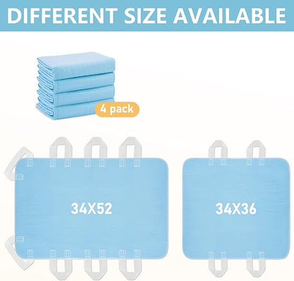 DAHAPYBOO Improvia Positioning Bed Pad 34"x36" with 4 Reinforced Handles,Washable Underpads 4 Pack Incontinence,Heavy Absorbency Reusable for Elderly, Kids Adults, Waterproof Quick Drying for Bed