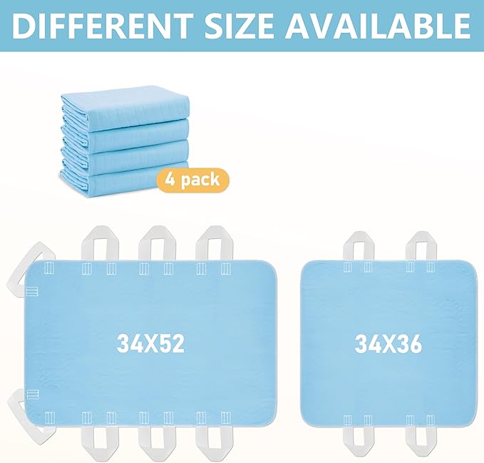 DAHAPYBOO Improvia Positioning Bed Pad 34"x52" with 8 Reinforced Handles,Washable Underpads 4 Pack Incontinence,Heavy Absorbency Reusable for Elderly, Kids Adults, Waterproof Quick Drying for Bed
