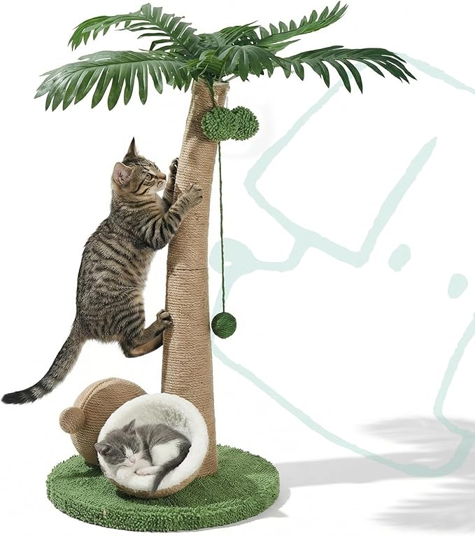 33" Tall Cat Scratching Post, Natural Jute Cat Scratcher for Indoor Cats,Twin Coconuts & Tree Design with Hanging Toy Ball & Rest Platform,Stable Furniture Protector for Kittens & Adult Cats,M