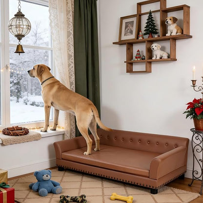 BingoPaw Large Leather Dog Sofa: Indoor Doggy Couch Made by Scratching Resistant Microfiber Leather - Raised Doggie Lounge Bed Breathable for Giant Breed Dogs up to 120lbs