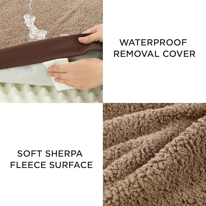 LE SURE XL Washable Dog Bed Cover Replacement Plush Fleece Cover for Orthopedic Egg Crate Foam Pet Mat 44x32x3 Inches, Brown