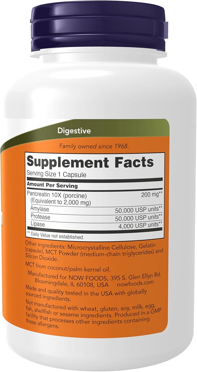 NOW Foods Supplements,Pancreatin 2000 with Naturally Occurring Protease (Protein Digesting),Amylase (Carbohydrate Digesting),and Lipase (Fat-Digesting) Enzymes,250 Capsules,(Pack of 2)
