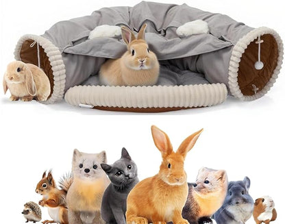 VelvetPaw Gray 2-in-1 Collapsible Rabbit Tunnel Bed | Removable Washable Pet Cushion | Cozy Hideout & Play Toy for Rabbits, Bunnies & Kittens - Indoor Rest, Exercise & Entertainment