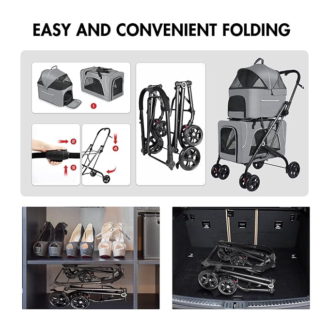 Petmolico Double Pet Stroller for 2 Cats/Dogs Strollers,2 Detachable Cat Carrier,No-Zip Double Pet Travel Storller for Small/Medium Dogs(Grey&Black)