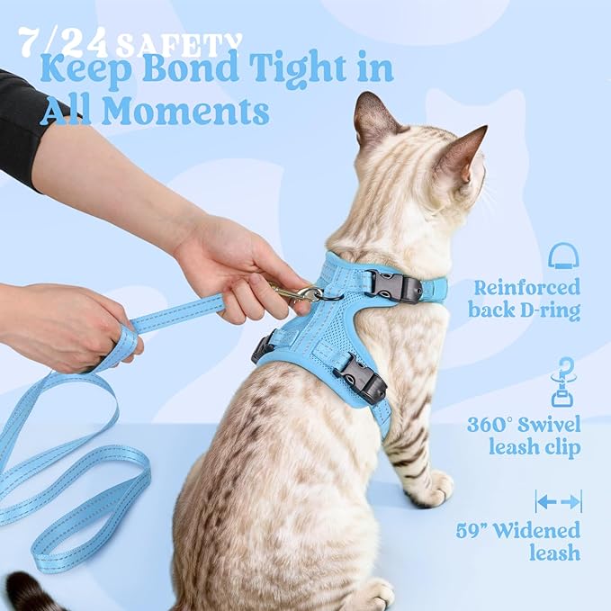 rabbitgoo Cat Harness and Leash, Escape Proof Vest with 3 Adjustable Buckles, Soft Comfortable Kitten Harness, Easy to Wear, Reflective for Safe Outdoor Walking, Medium, Sky Blue
