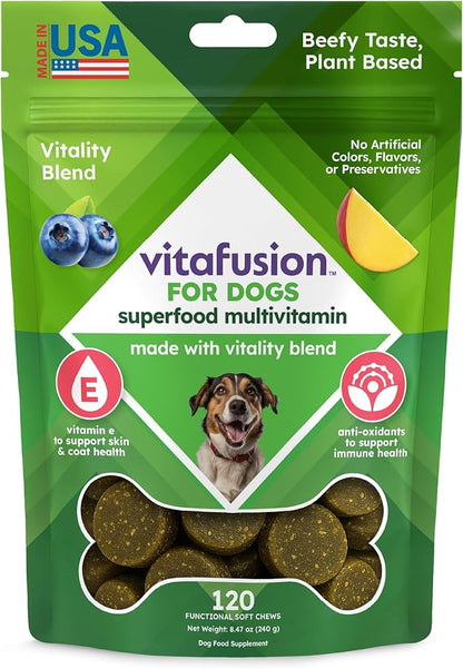 VitaFusion for Dogs Superfood Multivitamin – Daily Immune, Skin & Bone Support with Vitamins A, D & E + Antioxidant Superfoods – Vet Formulated Wellness for Puppies to Senior Dogs, 120 Chews.