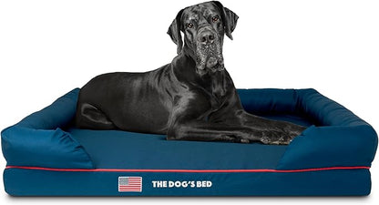 The Dog’s Bed Orthopedic Memory Foam Dog Bed with Bolsters for XXL Dogs, High Density Support Mattress, Low Front Entry, Removable Washable Cover, Oxford Fabric, Blue with Dark Red Trim, XXL