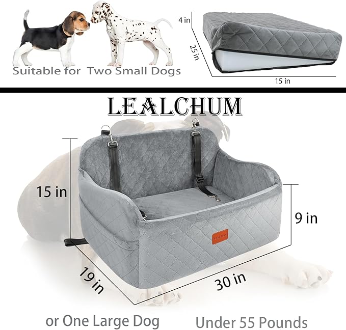 Lealchum Dog Car Seat for Medium Sized Dog,Car Dog Bed with Adjustable Leashes,Comfort and Support with Memory Foam Filled,Safety Travel Per Car Seat with Non-Slip Bottom(Grey, Large)