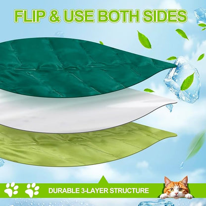 Drydiet Self Cooling Mat for Cats - Large Leaf Shaped - 27 x 18.5 Inch Summer Pet Cool Mats for Cats and Puppies, Reversible Sleeping Blanket Pad for Cage Accessories and Safety Fences, Light Green