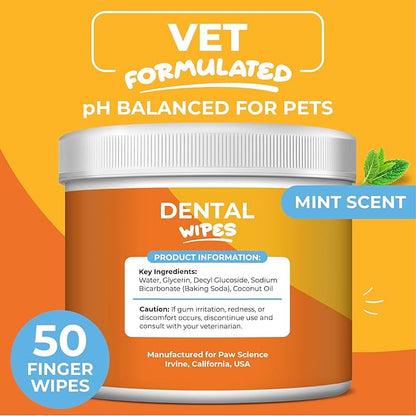 Paw Science Dog & Cat Teeth Cleaning Wipes - Dental Finger Wipes for Cats & Dogs - Pet Toothbrush & Tooth Brushing Kit - Effective Teeth Cleaner (Mint)