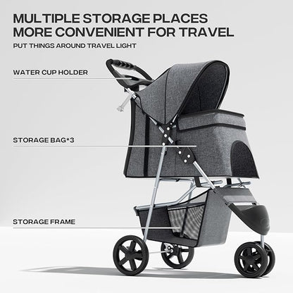 Pet Stroller for Small Dogs 10 lbs, Dog Stroller for Medium Dogs 30 lbs, Cat Strollers for 2 Cats, 3 Wheels Foldable Jogger Puppy Stroller with Storage Basket and Cup Holder, Grey
