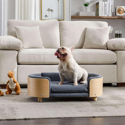Velvet Dog Bed Pet Sofa with Solid Wood Legs and Bent Wood Back, Stain-Resistant Cushion in Multiple Colors - Luxury Pet Furniture for Cats and Dogs, Dark Grey