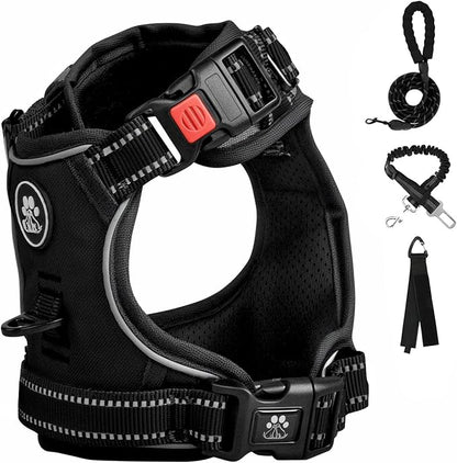 FURRYFECTION Plaid Dog Harness for Medium Dogs, Reflective No Pull Adjustable Pet Vest with Front Clip, Leash, Easy Control Handle and Seat Belt, Black, M