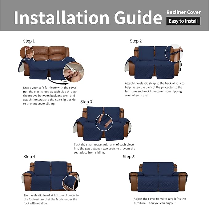 Easy-Going Oversized Loveseat Recliner Cover, Reversible Couch Cover for Double Recliner, Split Sofa Cover for Each Seat with Elastic Straps for Dogs, Pets(Oversized 2 Seater, Navy/Ivory)