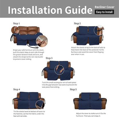 Easy-Going Loveseat Recliner Cover, Reversible Couch Cover for Double Recliner, Split Sofa Cover for Each Seat, Furniture Protector with Elastic Straps for Dogs, Pets(2 Seater, Navy/Ivory)