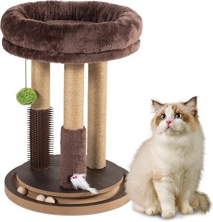 22 Inch Heavy-Duty Cat Scratching Post with Cozy Plush Bed, 3 Sisal Scratching Posts, Interactive Cat Scratcher with Grooming Brush, Hanging Pom-Pom, Track Balls & Mouse Toy for Indoor Cats