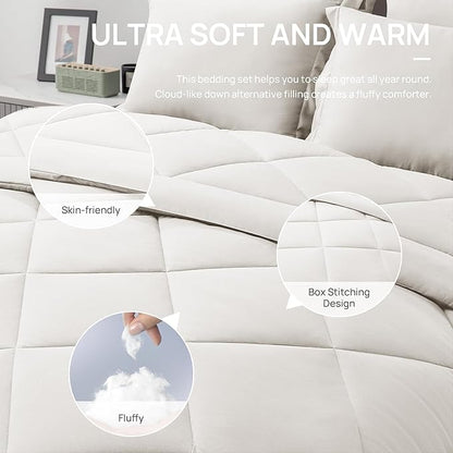 Love's cabin California King Comforter Set Off White, 7 Pieces California King Bed in a Bag, All Season Bedding Sets with 1 Comforter, 1 Flat Sheet, 1 Fitted Sheet, 2 Pillowcase and 2 Pillow Sham