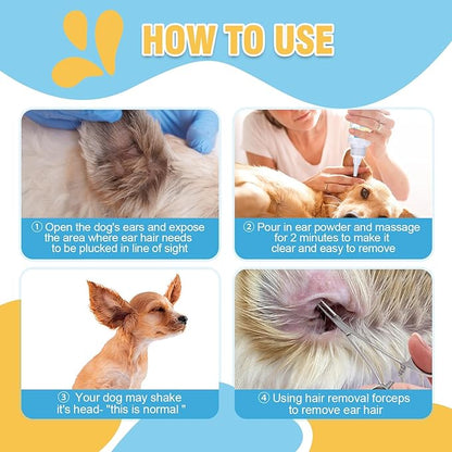 Dog Ear Care Kit - Professional Ear Powder for Hair Removal (42g) with Grooming Hemostat - Effective Solution for Smelly Ears, Wax Buildup