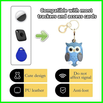 Leather Keychain Holder Case Compatible with AirTag,Cute Protective Cover with Keyring,Anti-Scratch Finder GPS Tracker Case for Wallet Keys,Bag,Pets,Backpack(Owl Blue)