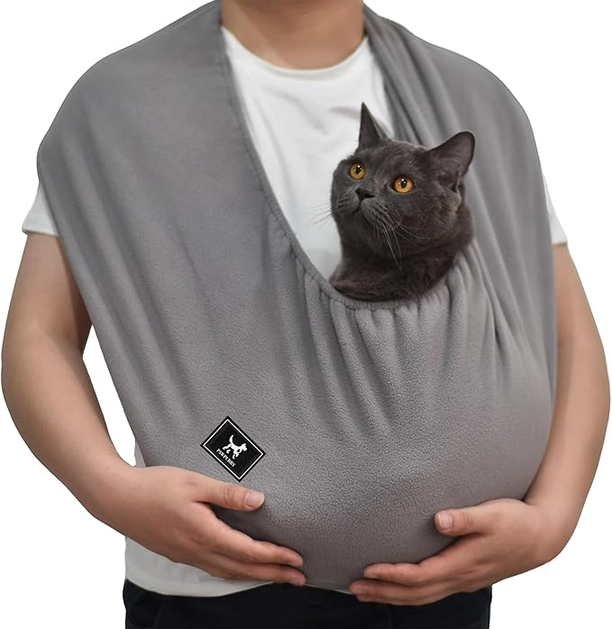 Polar Fleece Cat Sling Carrier (Large - for People 180cm+ & Pets 10-18 lbs) – Fixed Elastic Strap Pet Cuddle Bag for Indoor Snuggling, Soft Hands-Free Carrier (Dark Gray)