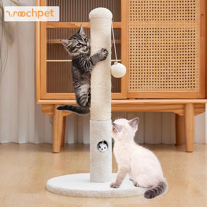 Woochpet Cat Scratching Post for Kitten, 23in Tall Cute Small Cat Scratching Post with Premium Sisal Rope and Dangling Cat Toy Balls (White