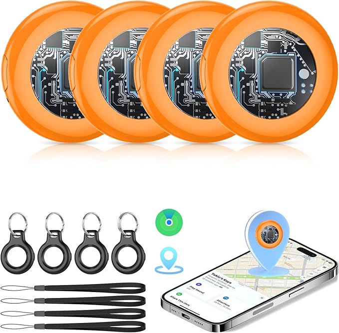 2026 New [Apple MFi Certified] (iOS Only) Tracker Tags-4 Pack, Bluetooth 5.3 GPS Tracker for Apple Find My, Replaceable Battery, 100dB Key Finder and Item Locator for Car, Keys, Luggage, Orange
