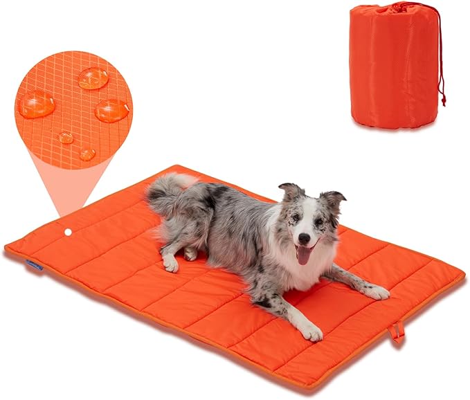BDEUS Travel Dog Bed, Outdooor Camping Pet Mat, Portable Place Mat with Handle, Easy to Clean, Waterproof & Portable and Odor Resistant Pet Cooling Pad (X-Large 51" x 35", Orange)