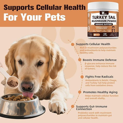 Mushroom Supplement with Probiotics for Dogs & Cats, Turkey Tail Mushroom for Pets - Mushroom Powder for Immune Boost & Overall Health- Partner Guard for Dogs Lumps and Bumps 2 Pack