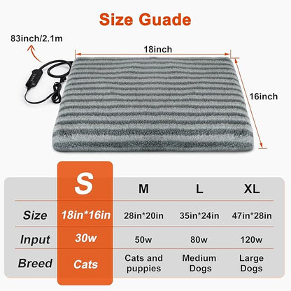 SHU UFANRO Pet Heating Pad, Waterproof Heated Cat Bed with 11 Adjustable Temperatures & 24H Timer, Auto Shut-Off, Chew-Resistant Cord, Washable Cover, Indoor Electric Heating Mat, Grey, S(18" x 16")