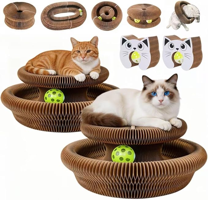 Twisty Paws Cat Toy - 2 Pack Magic Organ Kitty Curl Scratcher, Interactive Magnetic Cardboard Shape Shifting, Reversible Accordion Kurlz Board with Bell-Ball for Indoor Cats