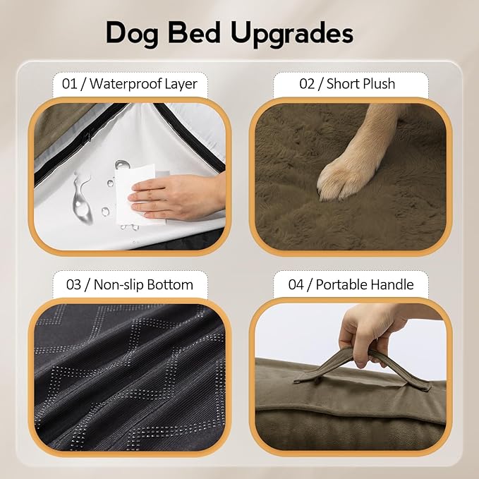 MEKIY Large Dog Bed - XL Orthopedic Egg-Crate Memory Foam Dog Beds with Removable Washable Cover, Waterproof Pet Beds with Non-Slip Bottom, Light Coffee