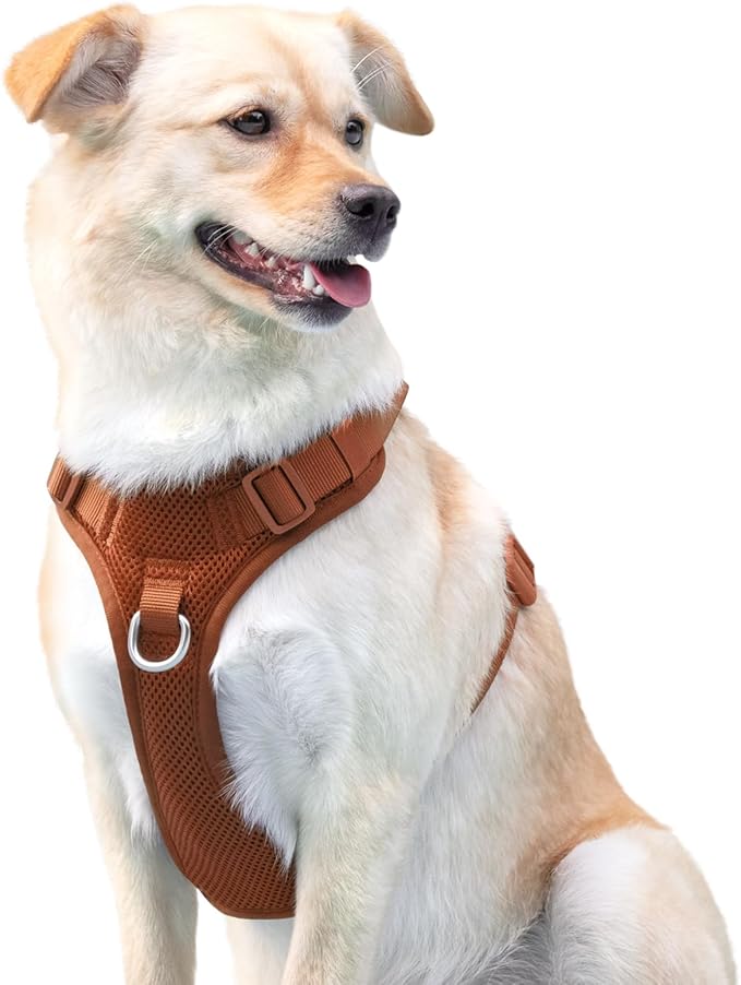 No Pull Dog Harness for Small Medium Large Dogs - Adjustable 2 Layer Mesh Dog Vest with Dual Clip, Escape Proof, Quick Release, Lightweight Breathable Mesh for Walking Hiking (Carmel Brown,M)
