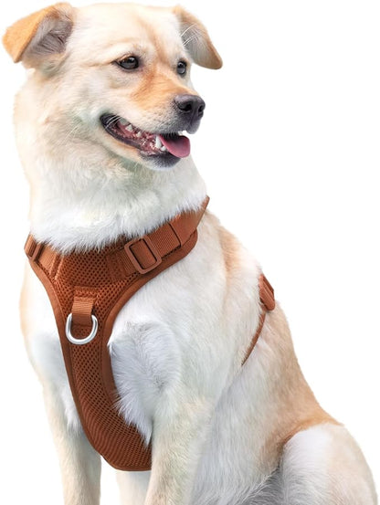 No Pull Dog Harness for Small Medium Large Dogs - Adjustable 2 Layer Mesh Dog Vest with Dual Clip, Escape Proof, Quick Release, Lightweight Breathable Mesh for Walking Hiking (Carmel Brown,L)