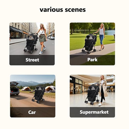 SUNNYFEEL Pet Stroller for Small Dogs and Cats, Iron Two-in-one Split, One-Click Foldable Dog Stroller, Holds up to 45 lbs, Storage Basket & Side Bag, Breathable Mesh, Black-pro