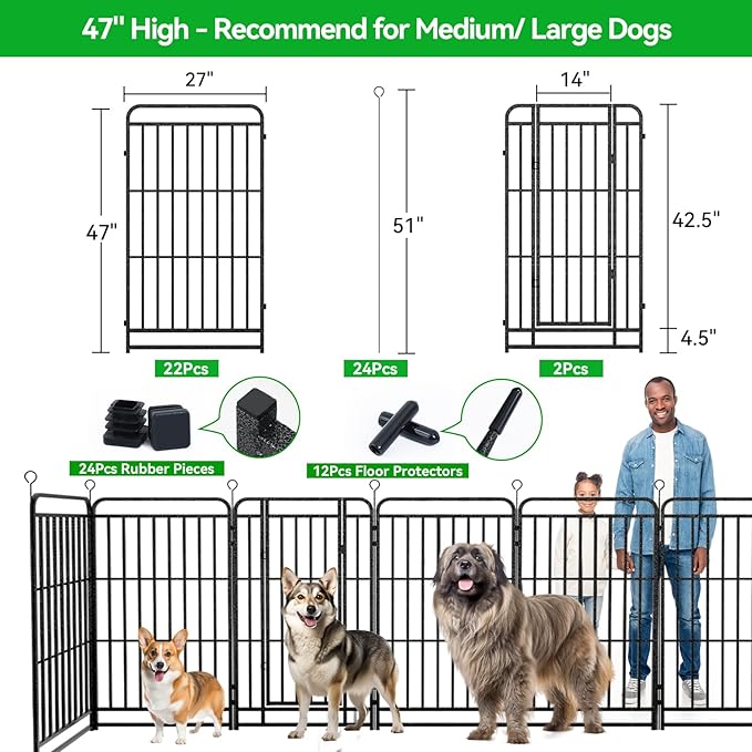 Kfvigoho Heavy Duty Dog Playpen: 24 Steel Panels 47" Height, Square Steel Pipe with Reinforced Crossbars, 54FT 227 Sq.ft Portable Fence for Yard RV Camping, Snowy Black