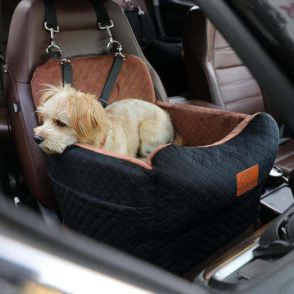 Dog Car Seat for Small Medium Dogs,Portable Pet Booster Seat with Safety Strap & Removable Washable Pad,Memory Foam Dog Travel Bed for Car,SOFE Velvet for Puppies Cats（M-Black/Brown）